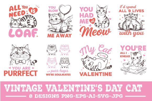 Vintage Valentine’s Day Cat Quote Bundle Graphics